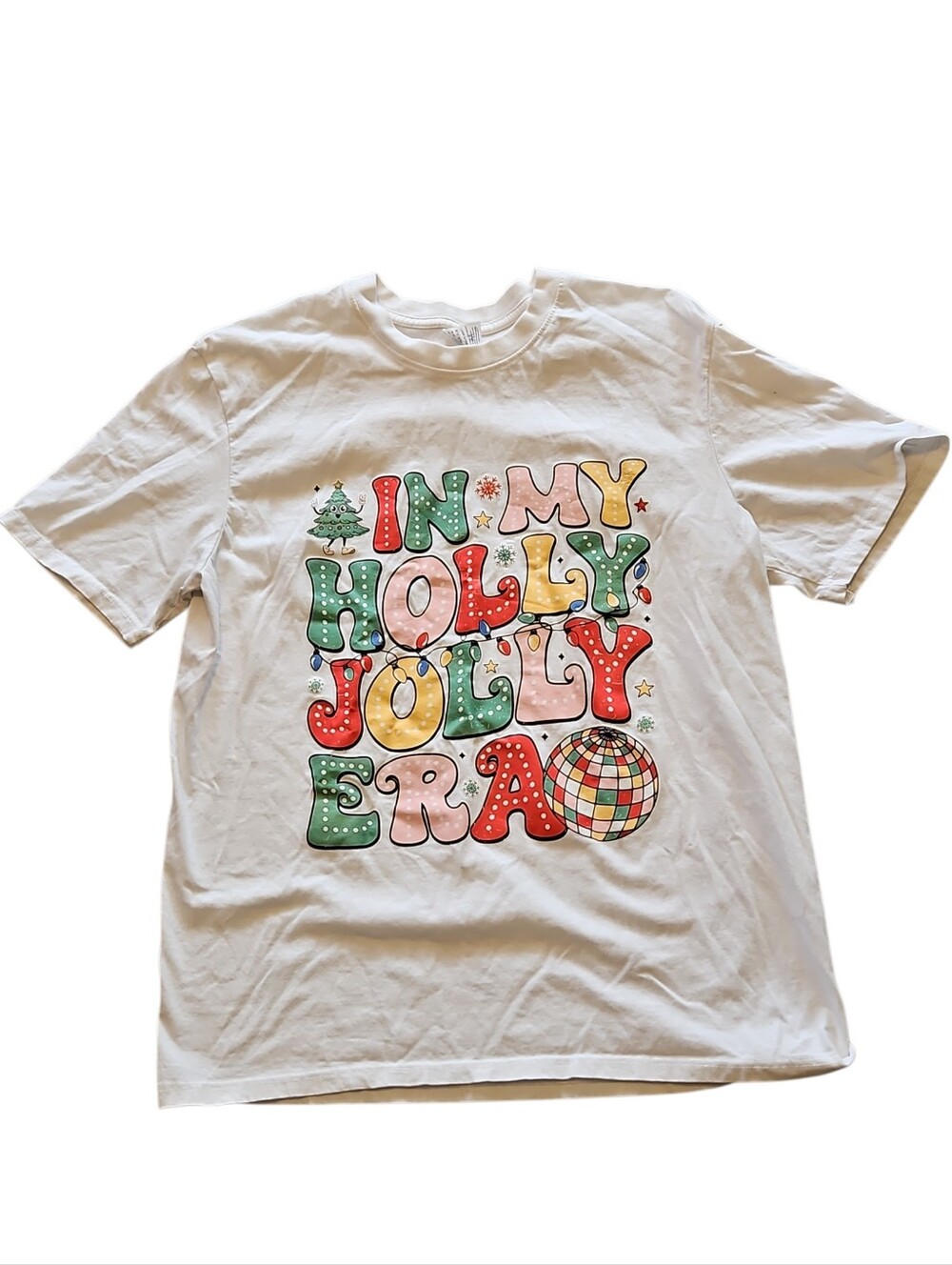 Gildan White Holiday Graphic Tee with Multicolor Retro Lettering Holly Jolly